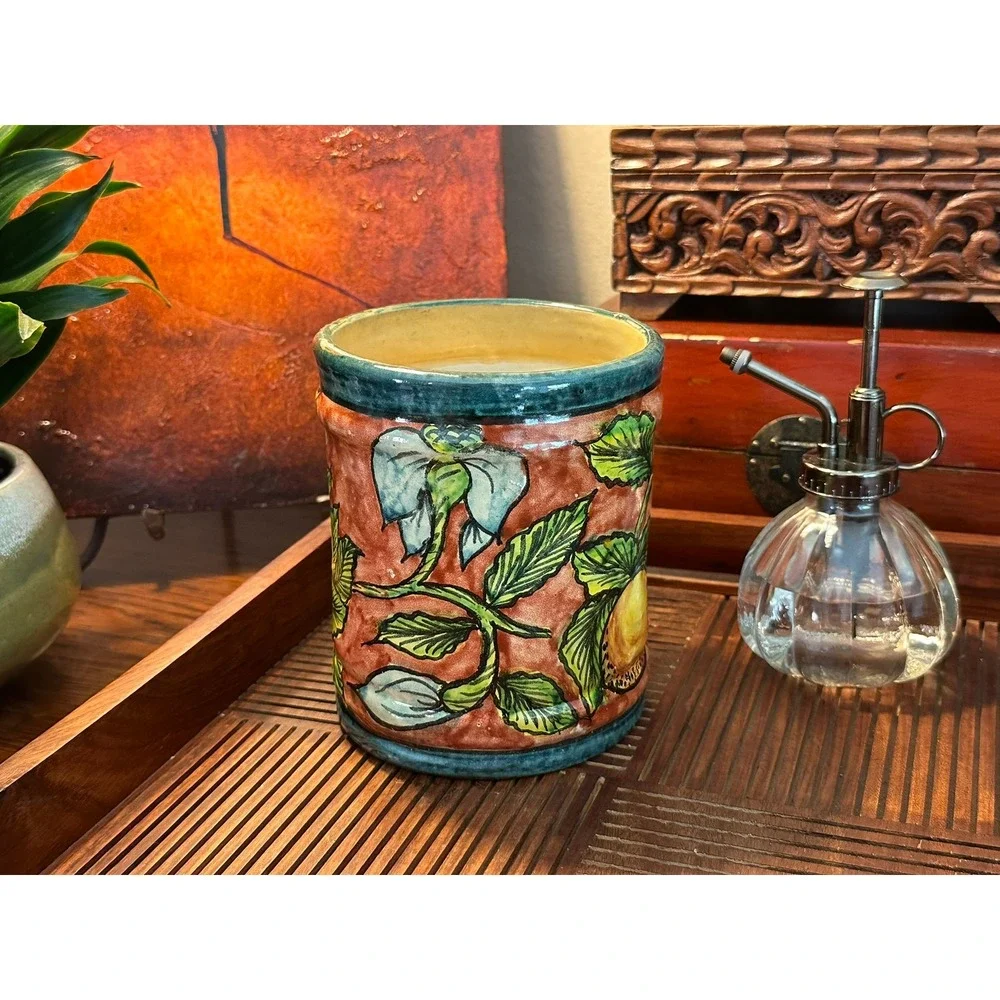 Mexican Ceramic Canister Hand Painted Fruit Leaf Pottery Jar 6in Vintage